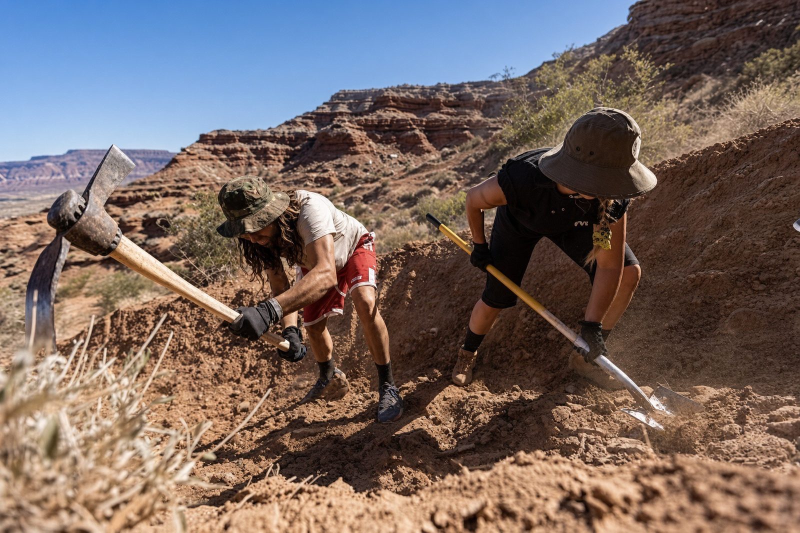 Ryan Rodriguez and a crew member digging trail on the desert terrain at Red Bull Formation, 2020