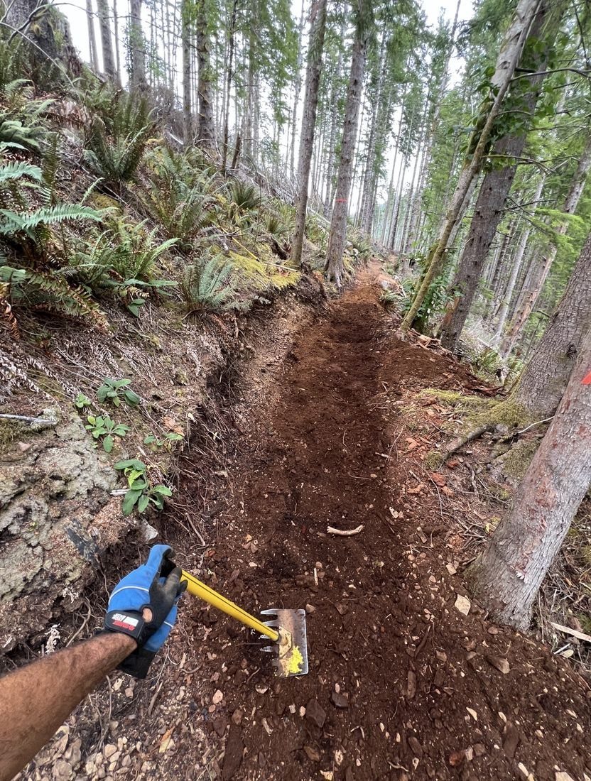 Hand-tool trenching a section of new singletrack